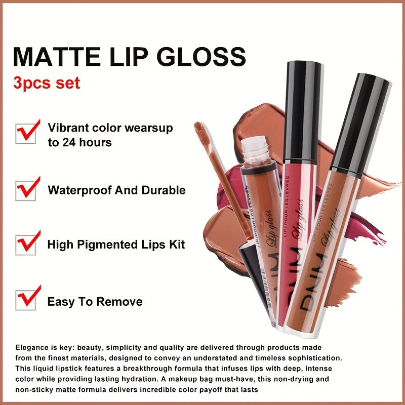 3pcs Matte Liquid Lipstick Set Dark Red Brown Smudge Proof Makeup