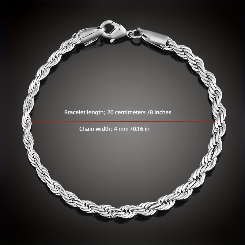 4mm Silvery Twist Rope Bracelet Necklace For Men