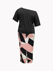 Cross Letter & Geo Print One Shoulder Top & Skirt Set