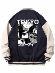Anime Portrait Embroidery Varsity Jacket Men's Casual Block Button Up