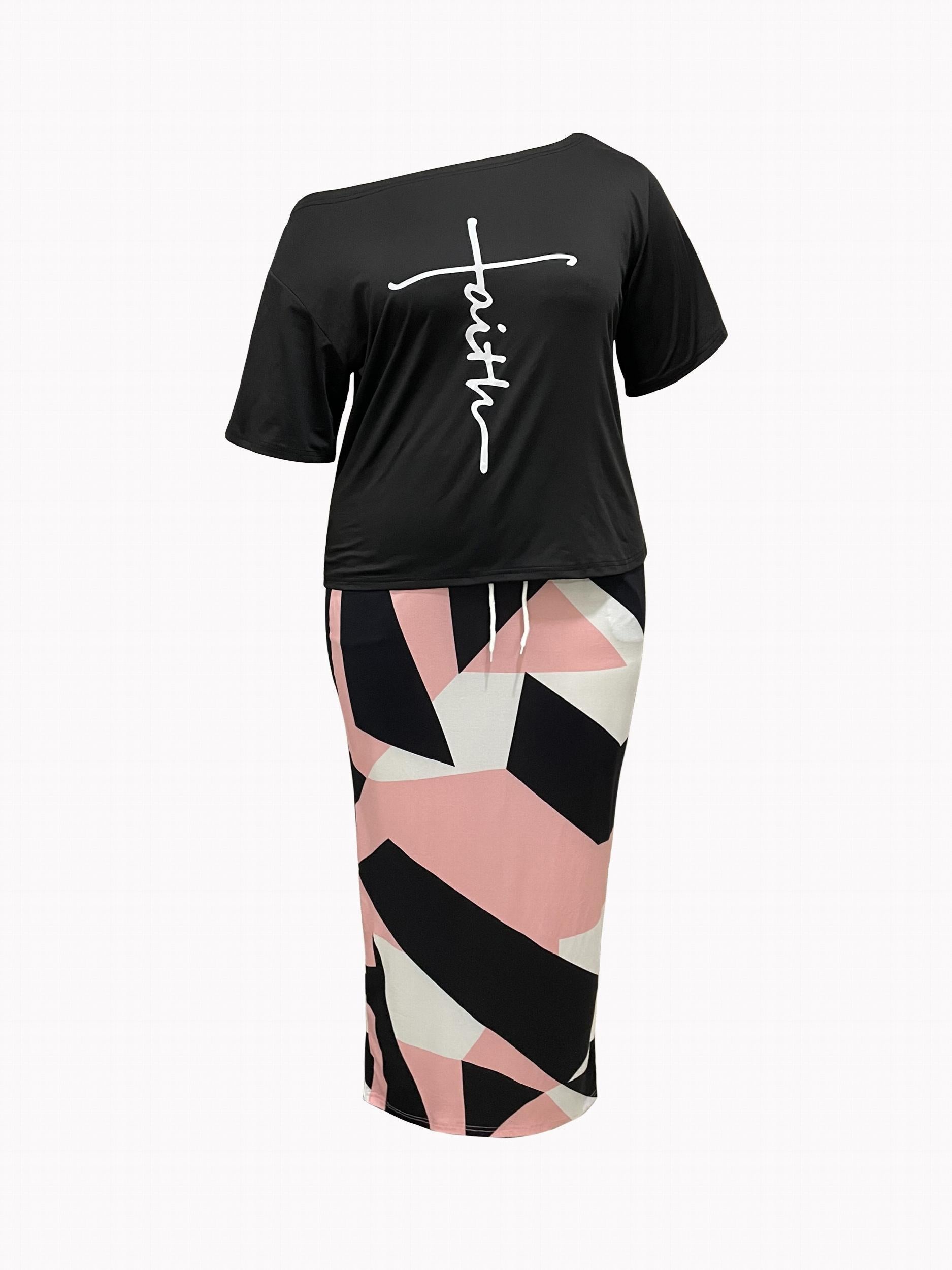 Cross Letter & Geo Print One Shoulder Top & Skirt Set
