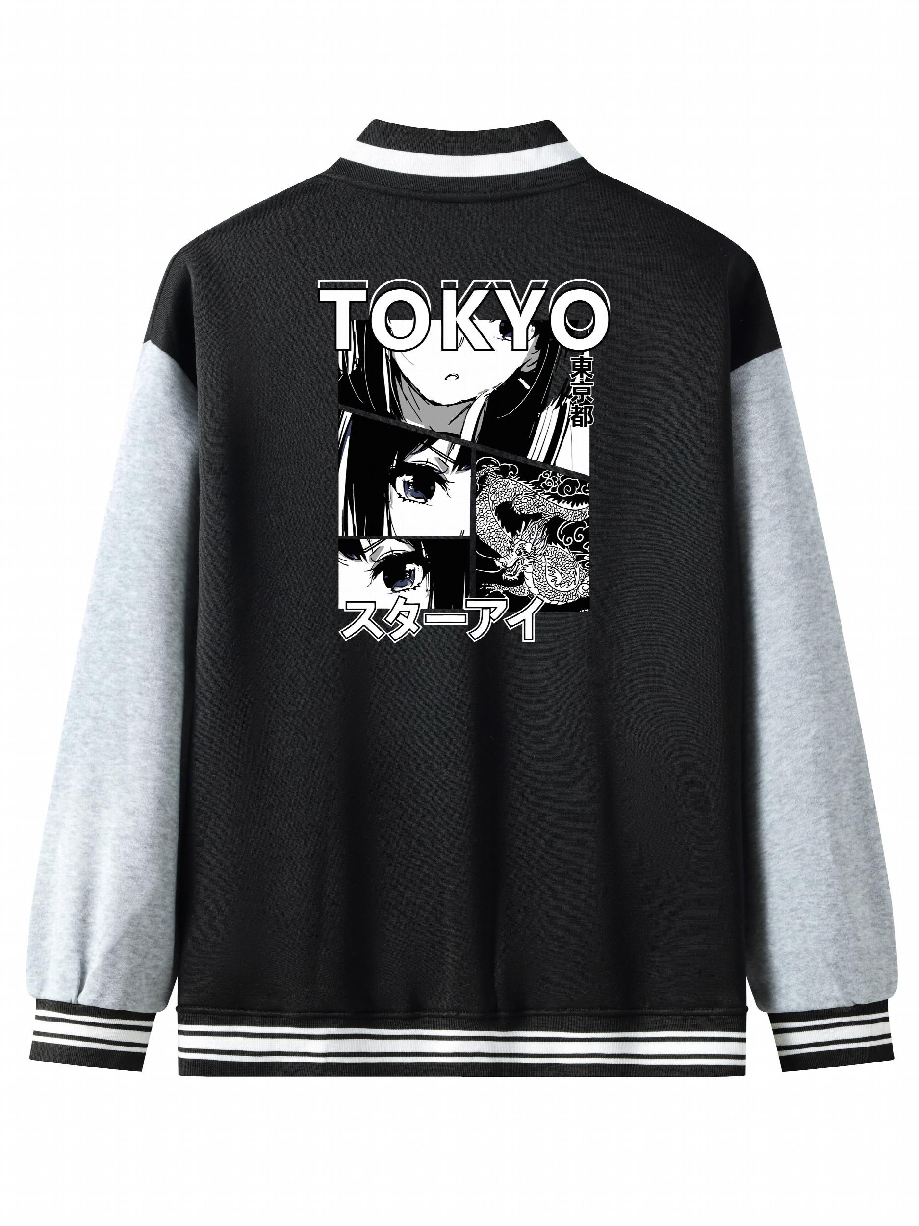 Anime Portrait Embroidery Varsity Jacket Men's Casual Block Button Up