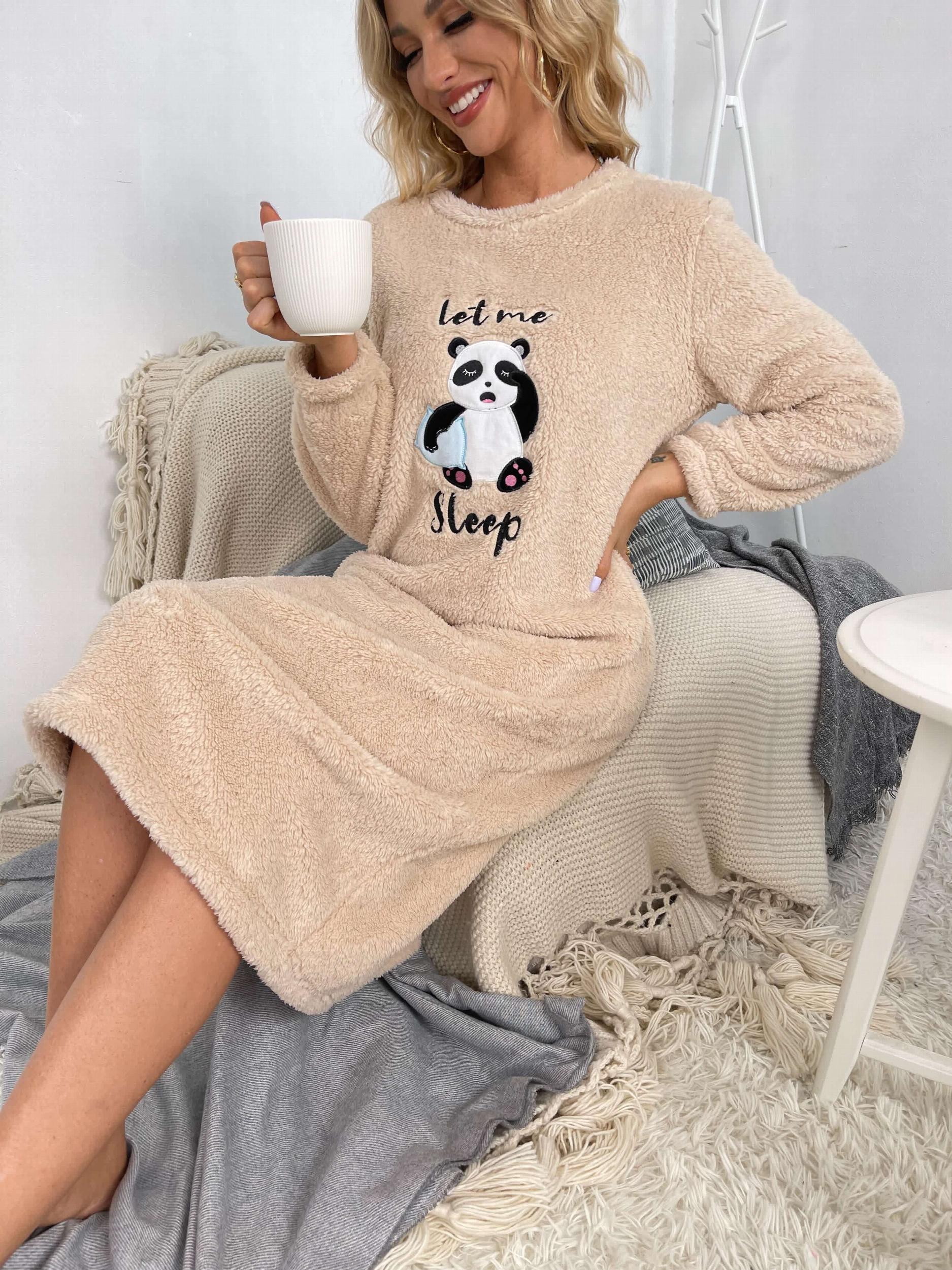 Panda Pattern NightDress Long Sleeve Pajama Dress Women's Sleepwear