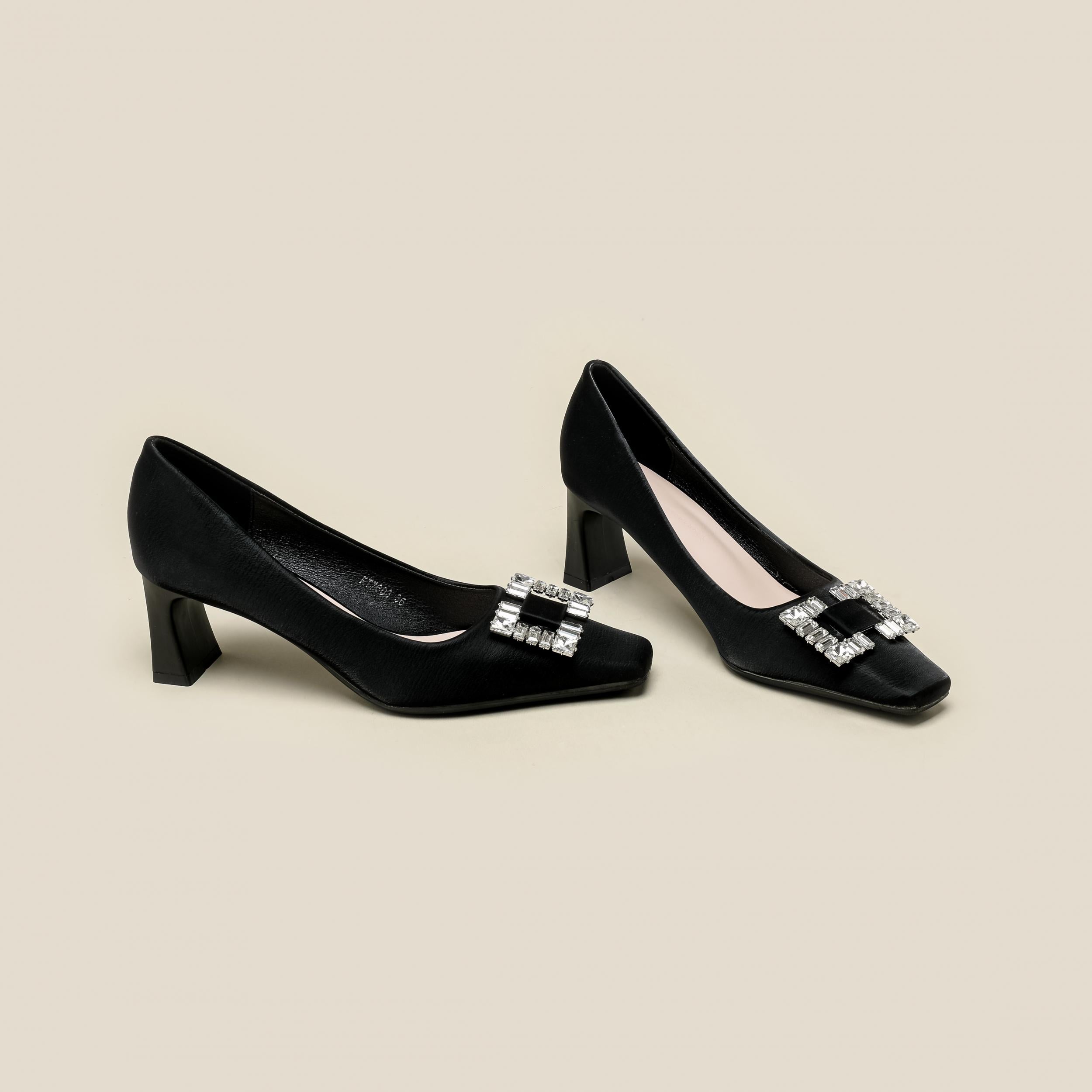 Women's Rhinestone Decor Chunky Heels Square Toe Slip On Shoes