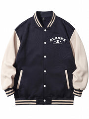 Letter Print Embroidery Varsity Jacket Men's Casual Block Button Up Jacket