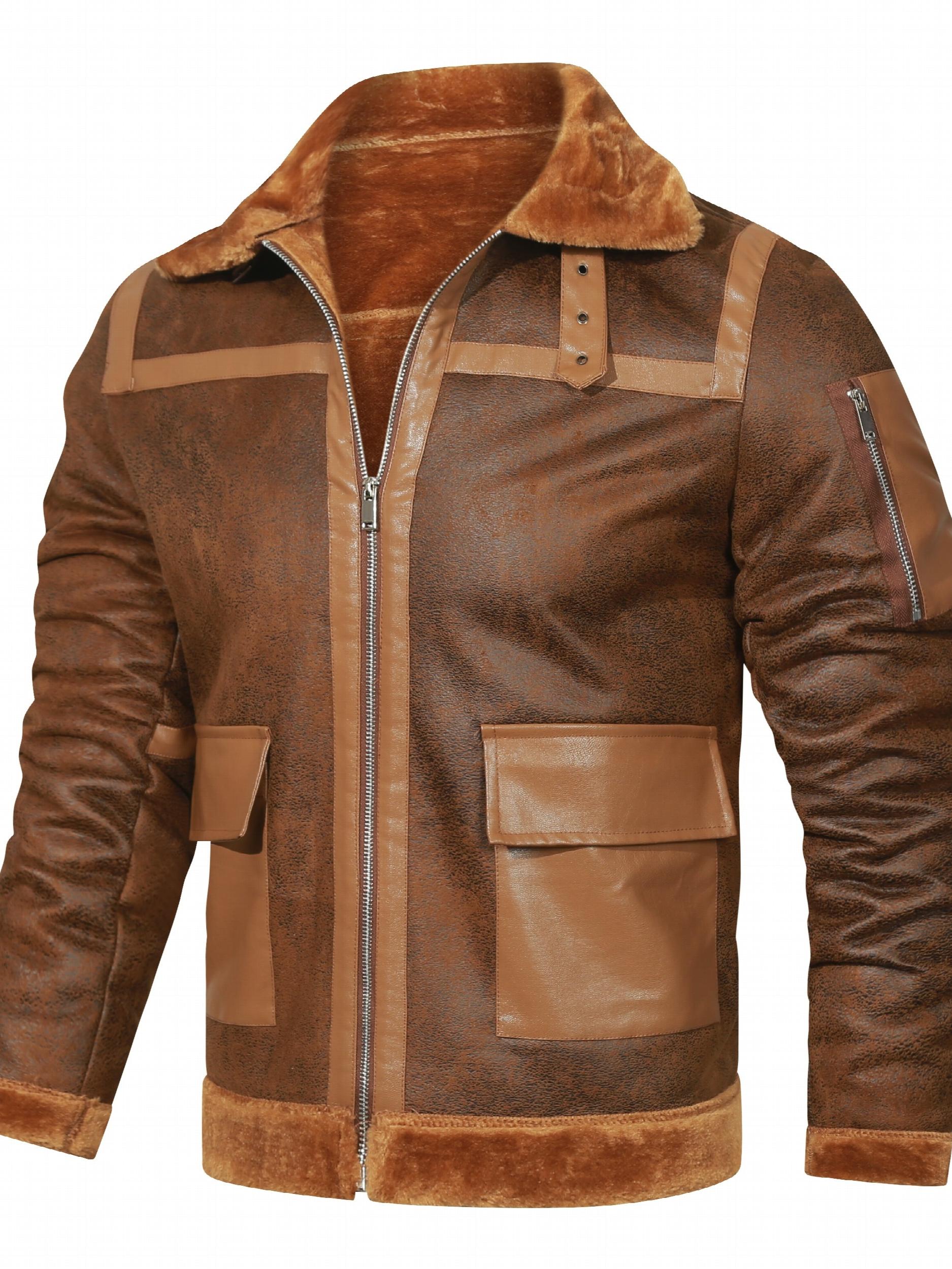 Men's Fleece PU Biker Jacket Zip Up Lapel Leather Jacket