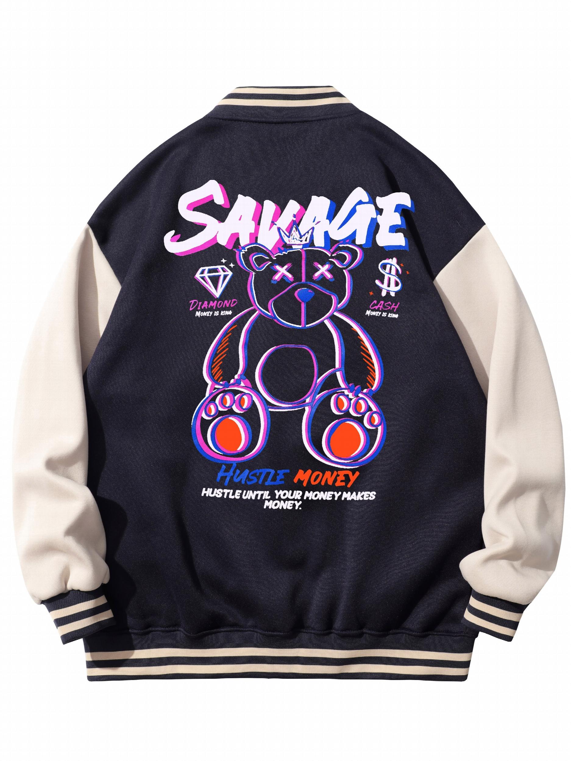 Bear Pattern Embroidery Varsity Jacket Men's Casual Button Up Jacket