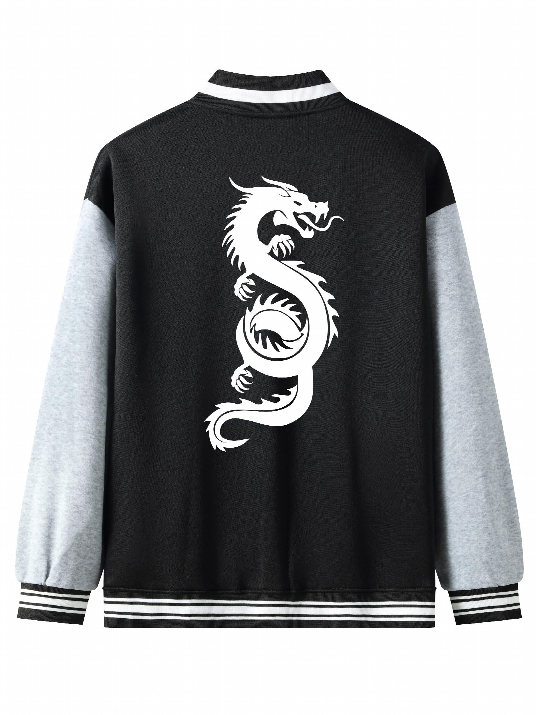 Dragon Print Casual Varsity Jacket Men's Lightweight Button Up Jacket