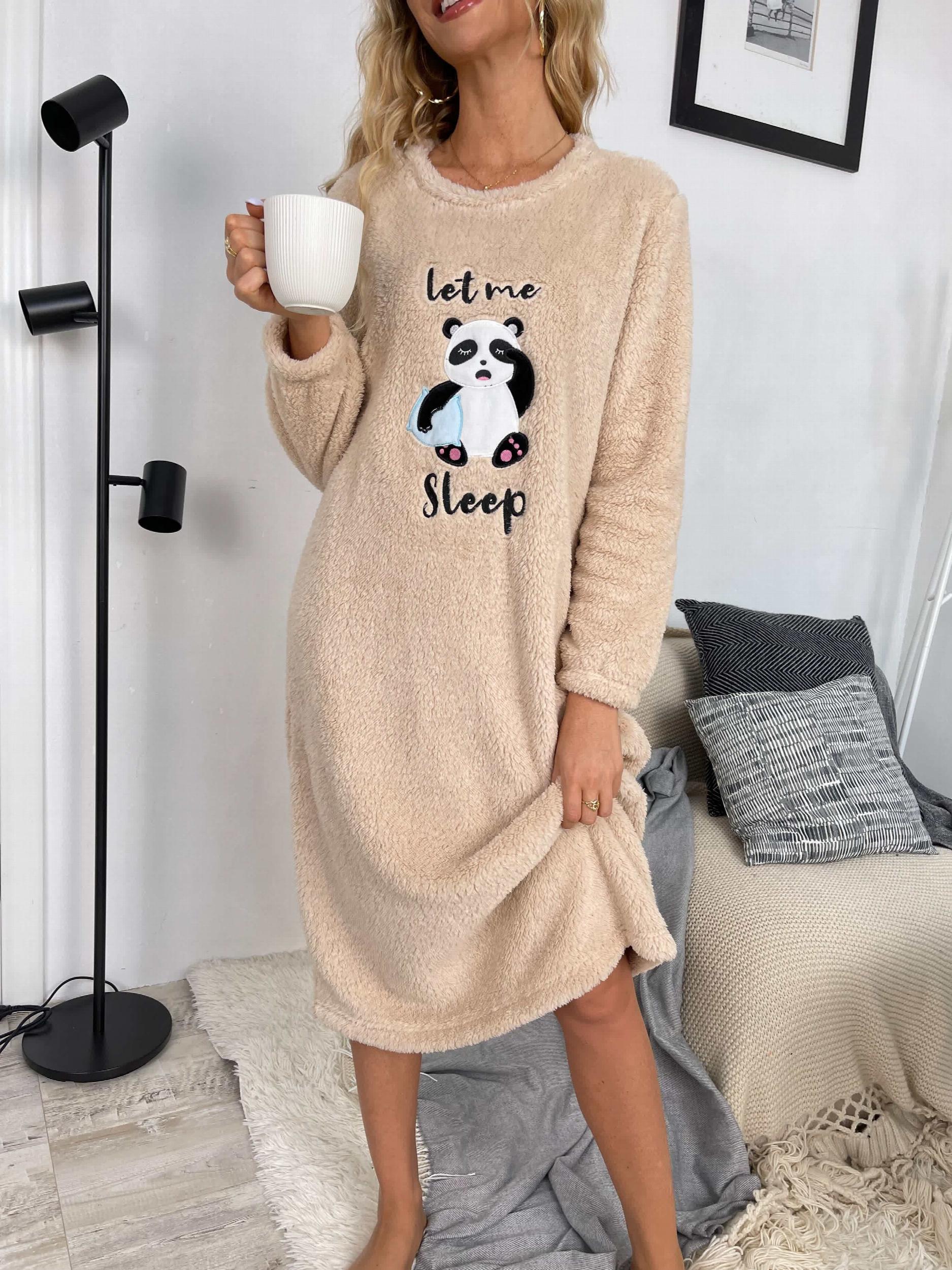 Panda Pattern NightDress Long Sleeve Pajama Dress Women's Sleepwear