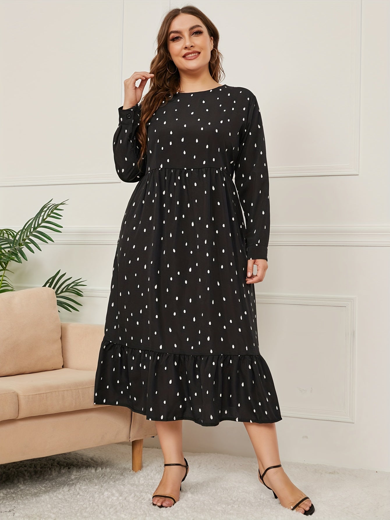  Women's Raindrop Print Long Sleeve Maxi Dress