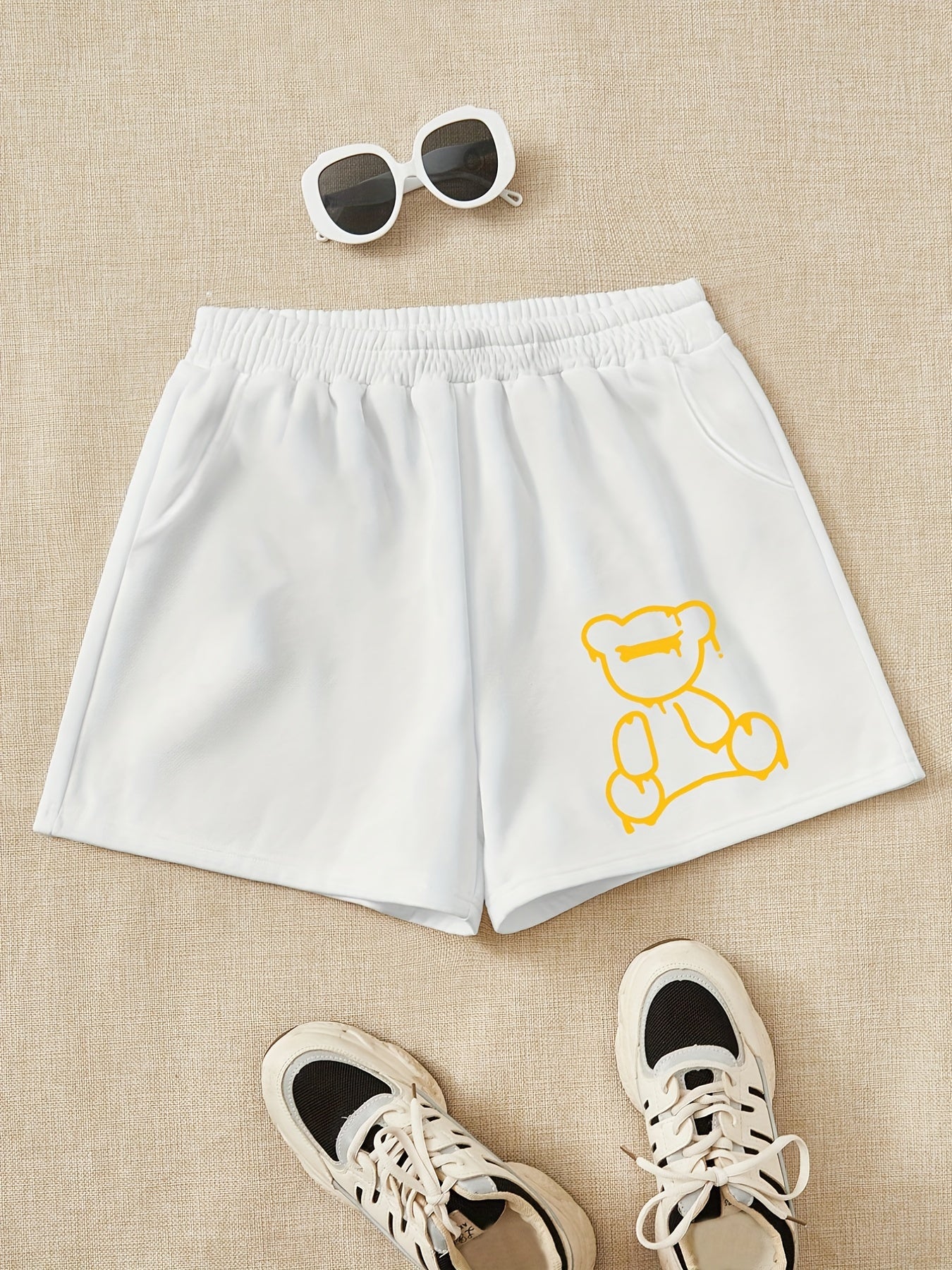 Girls Bear Figure Print Casual Sweat Shorts Elastic Waist Work Out Shorts