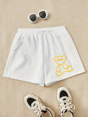 Girls Bear Figure Print Casual Sweat Shorts Elastic Waist Work Out Shorts