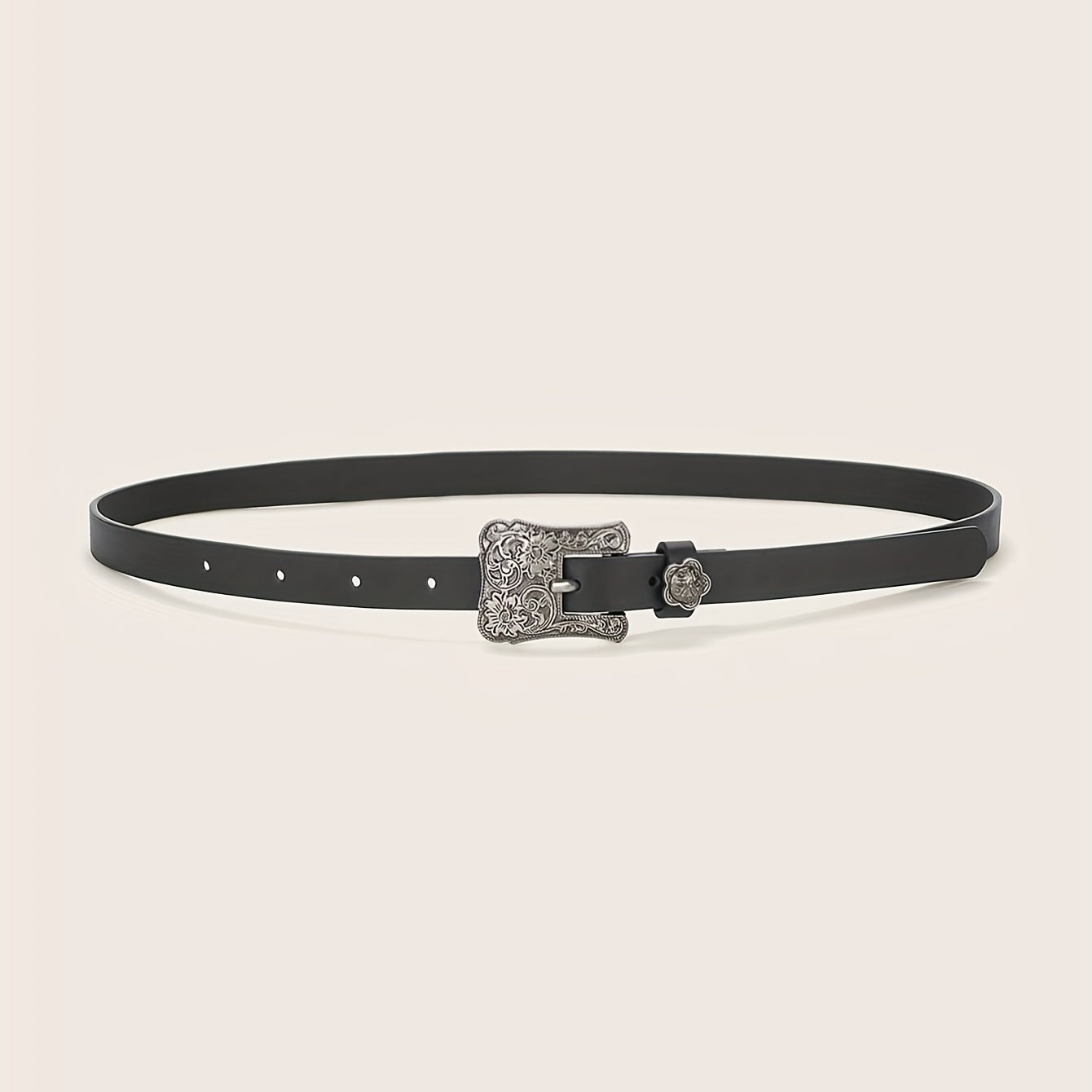 Vintage Flower Engraved Buckle Belts Boho Solid PU Leather Belt