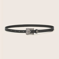 Vintage Flower Engraved Buckle Belts Boho Solid PU Leather Belt