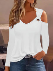  Solid Grommet Cold Shoulder Long Sleeve Top