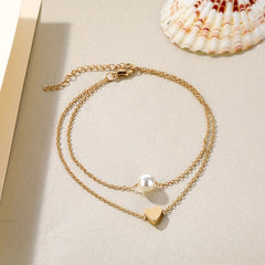 Heart Beads Chain Anklet Double Layered Faux Pearl Ankle Chain