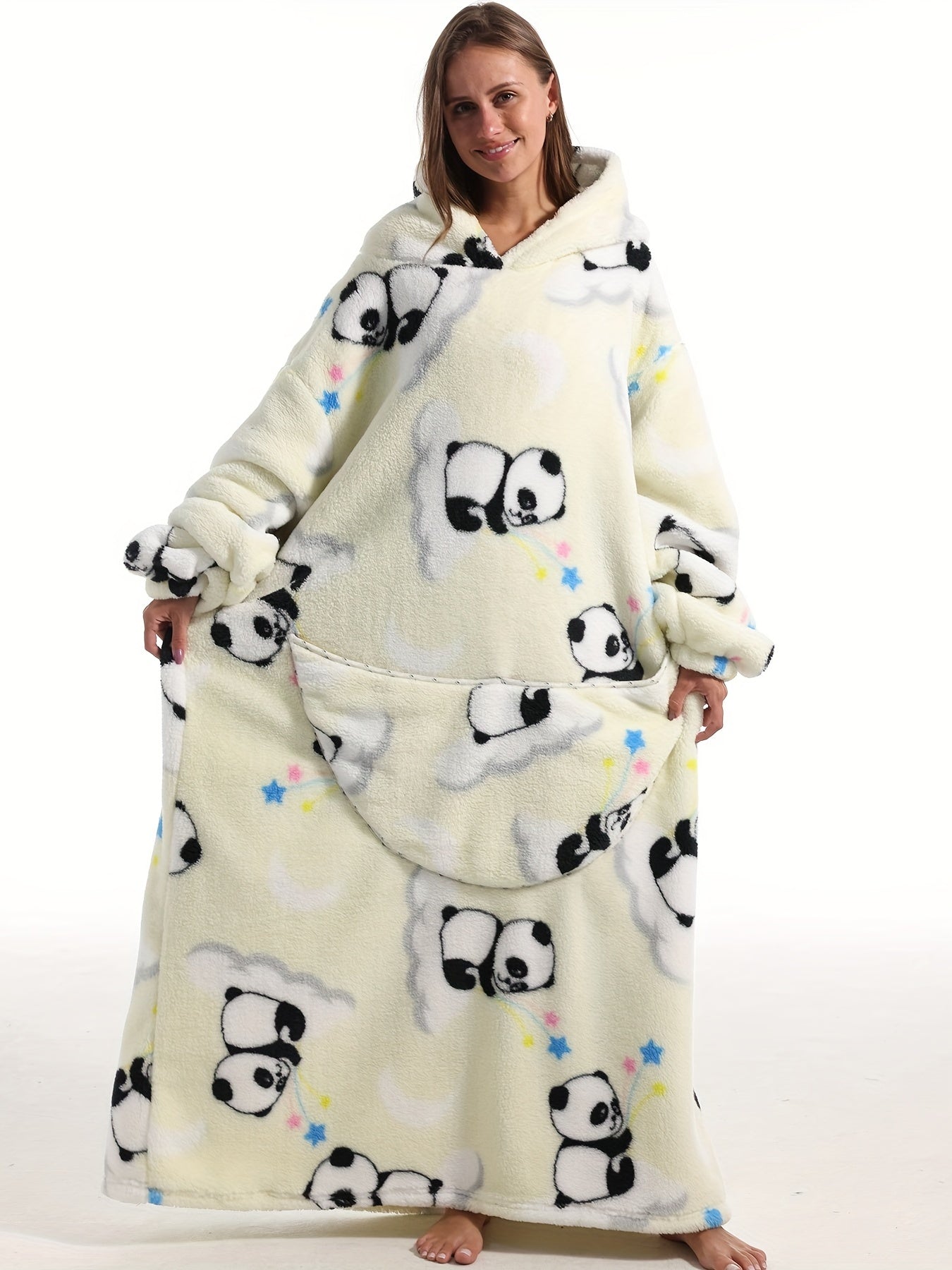  Oversized Fleece Hooded TV Blanket Women's Panda Pattern Robe