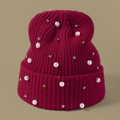 Faux Pearl Beanie Hat Classic Winter Warm Knitted Hat For Women
