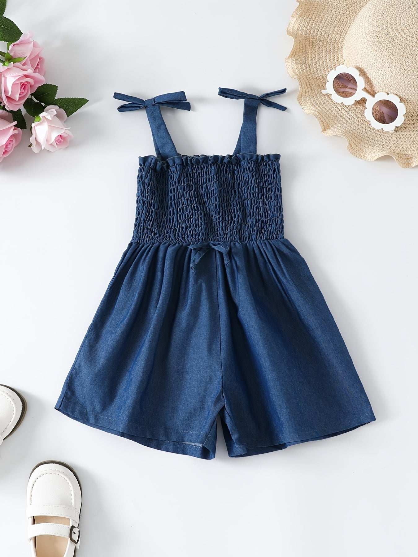 Toddler Girls Shirred Frill Trim Bow Cami Romper Jumpsuit
