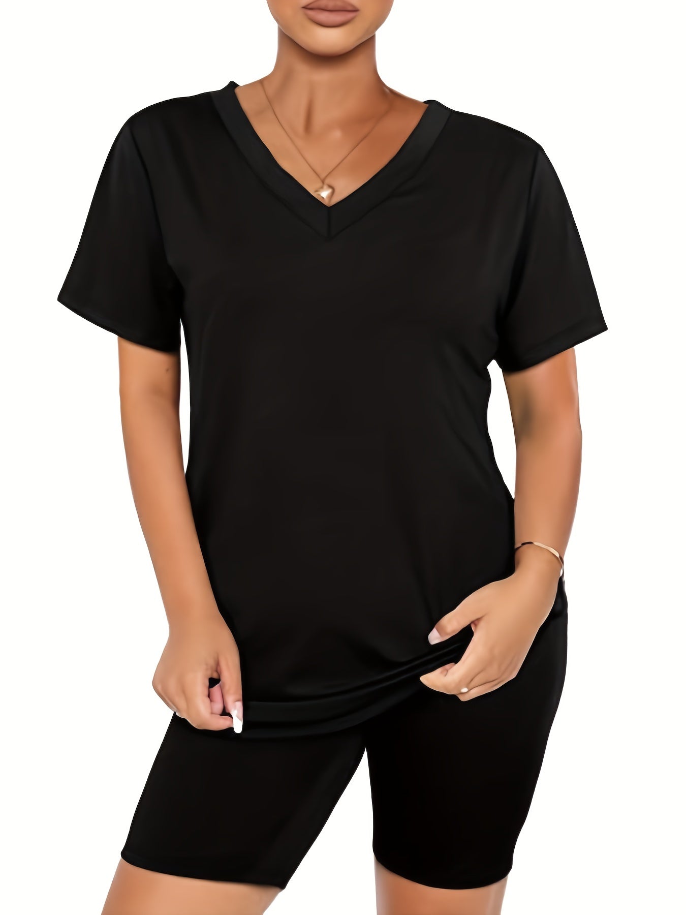 Casual Two piece Set V Neck Tee & Biker Shorts