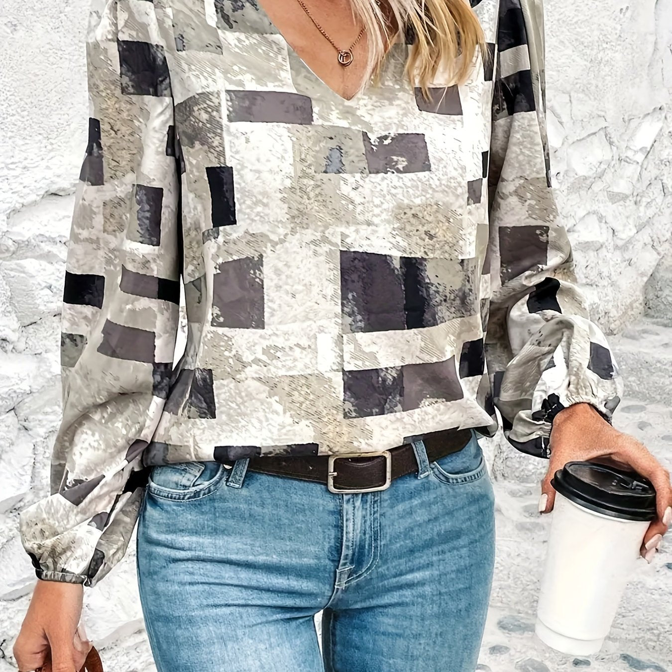  Geometric Print Tie Dye Lantern Sleeve V Neck Blouse