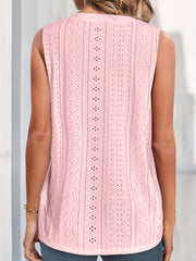 Eyelet Solid Top V Neck Summer Sleeveless Top