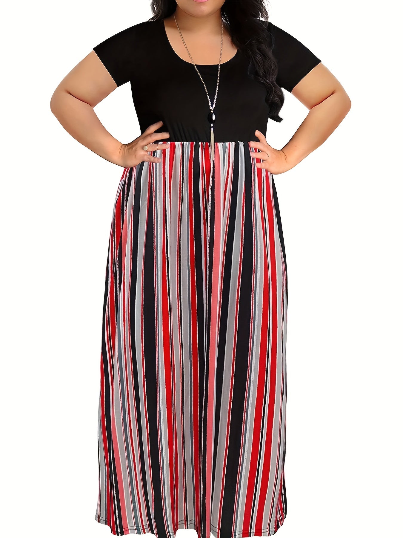  Colorblock Stripe Print Short Sleeve Round Neck Maxi Dress