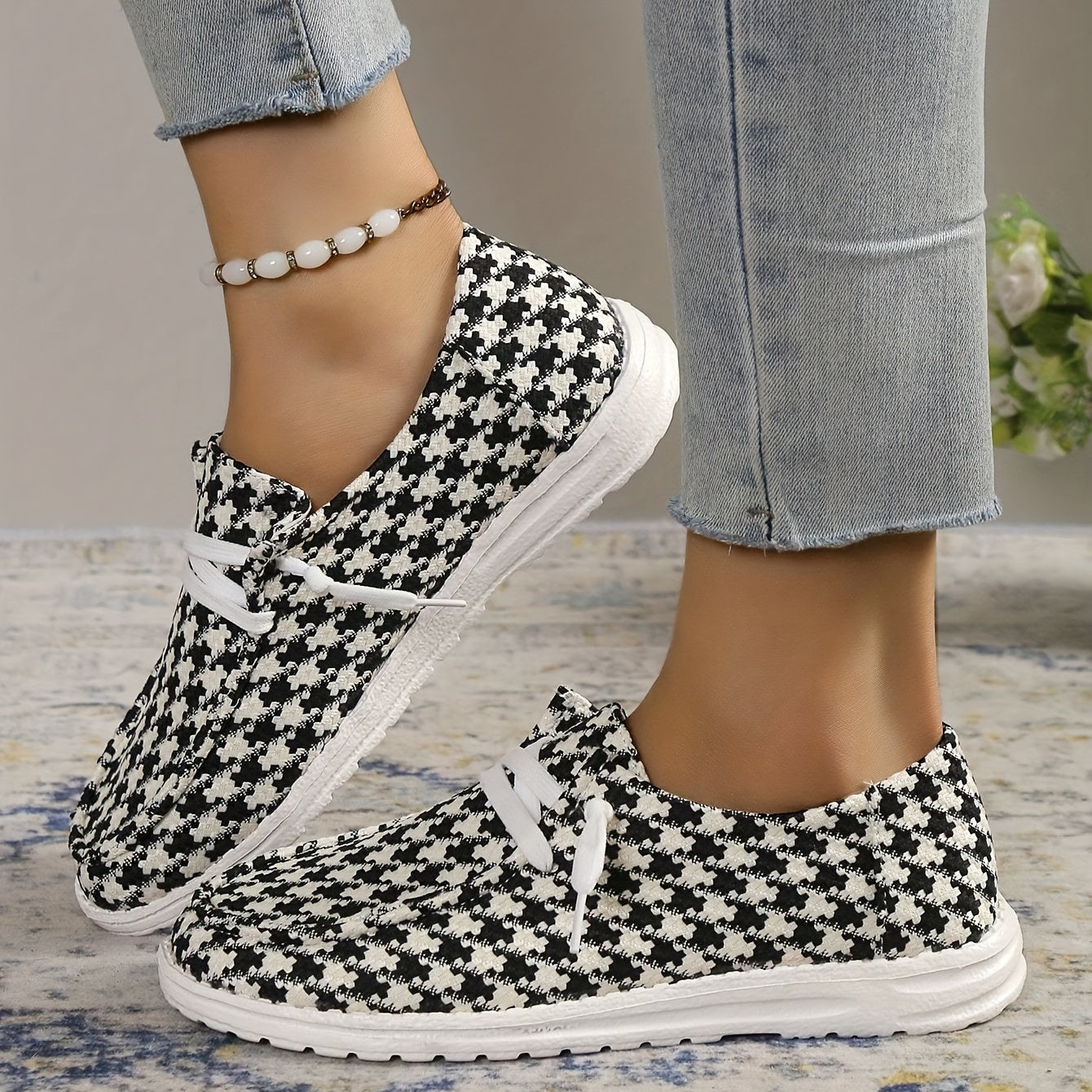 Women's Houndstooth Canvas Shoes Slip On Casual Flat Sneakers