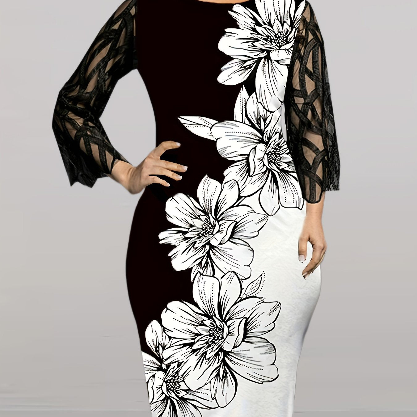  Colorblock Floral Print Long Sleeve Mesh Dress