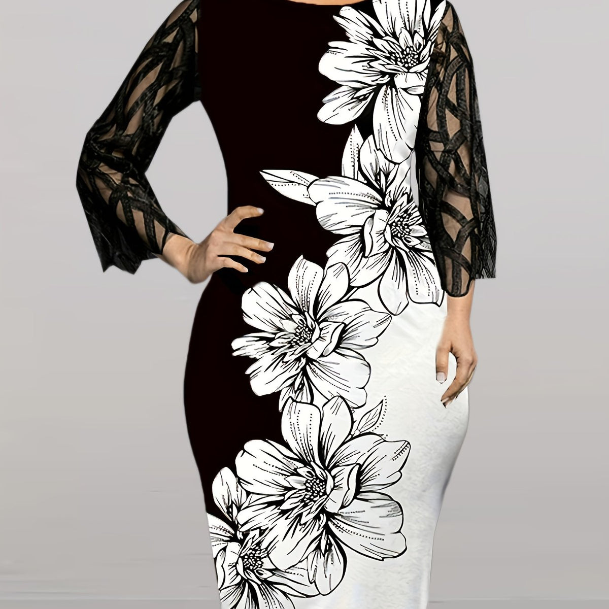 Colorblock Floral Print Long Sleeve Mesh Dress