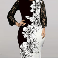  Colorblock Floral Print Long Sleeve Mesh Dress