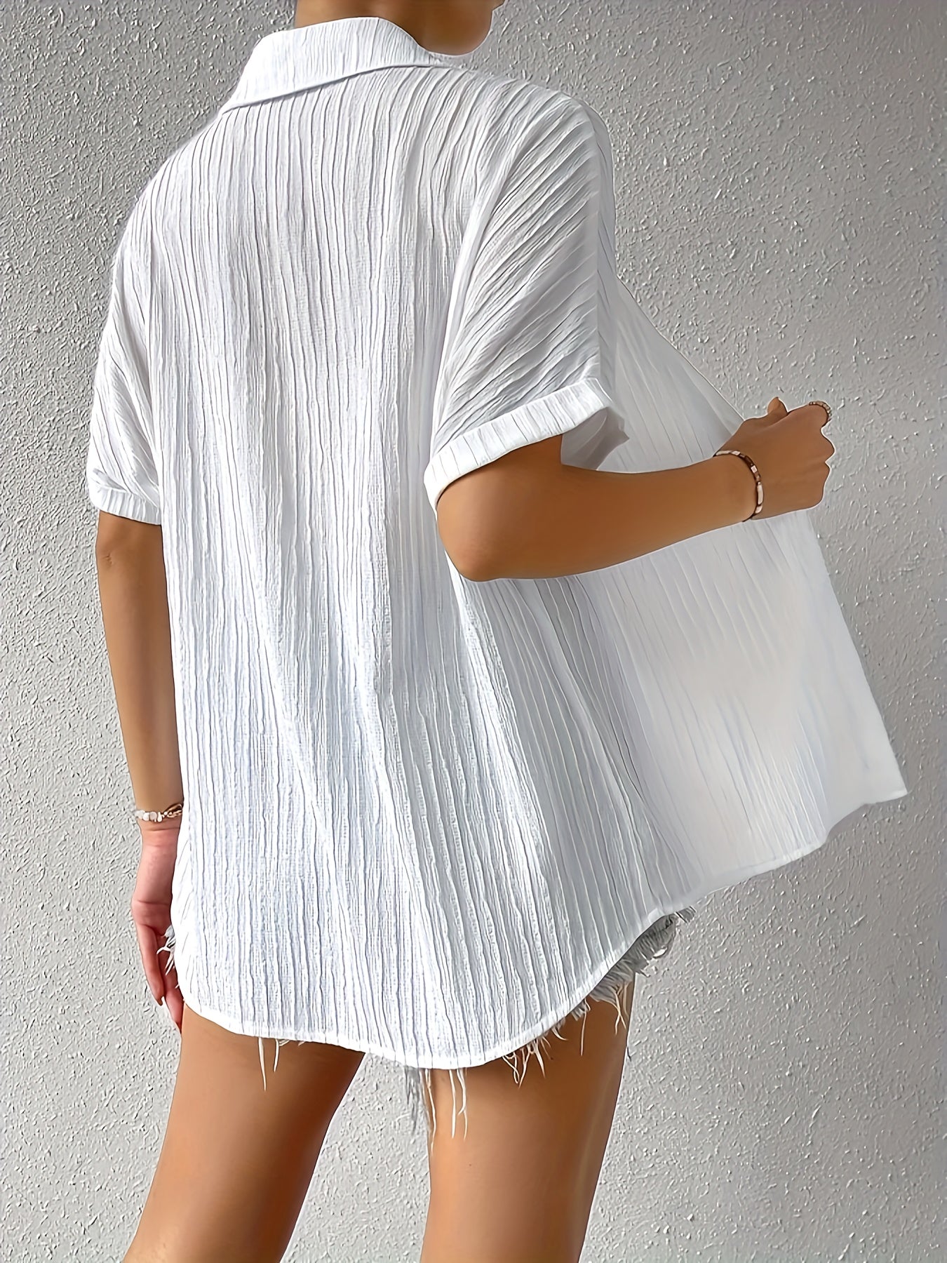  Blouse Solid Textured Batwing Sleeve Button Up Shirt