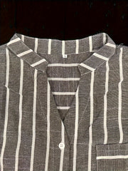  Stripe Print Button Up Roll Up Sleeve V Neck Blouse