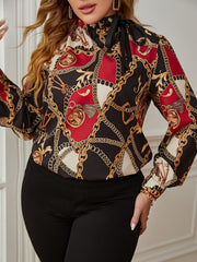  Blouse Paisley Print Long Sleeve High Neck Knot Shirt