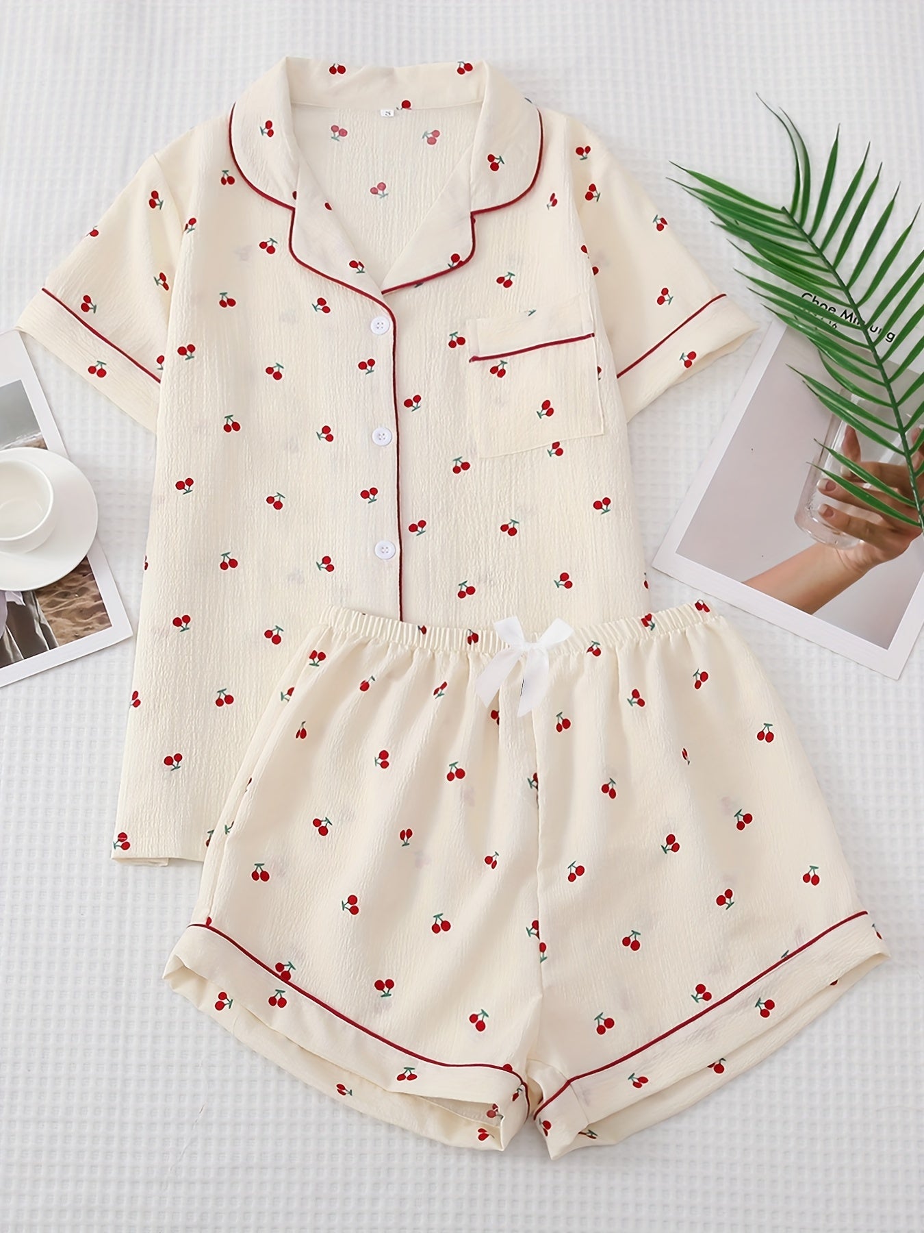 Cherry Print Pajama Set Sweet Top And Bow Shorts Women's Sleepwear