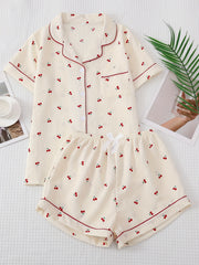 Cherry Print Pajama Set Sweet Top And Bow Shorts Women's Sleepwear