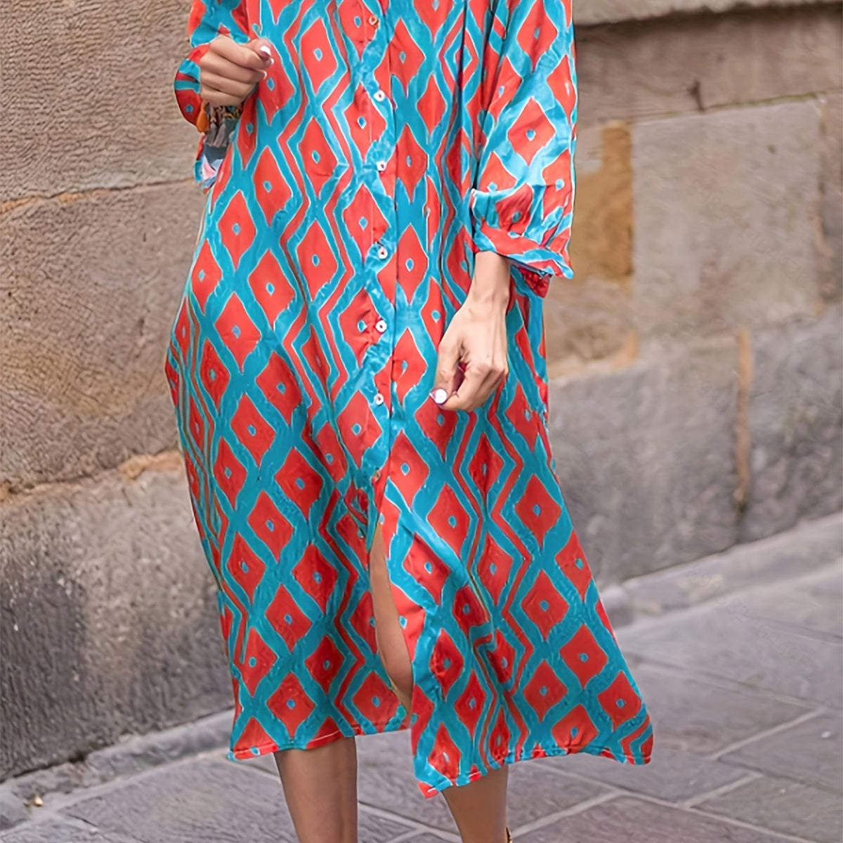  Boho Dress Women's Argyle Print Long Sleeve Shirt Dress