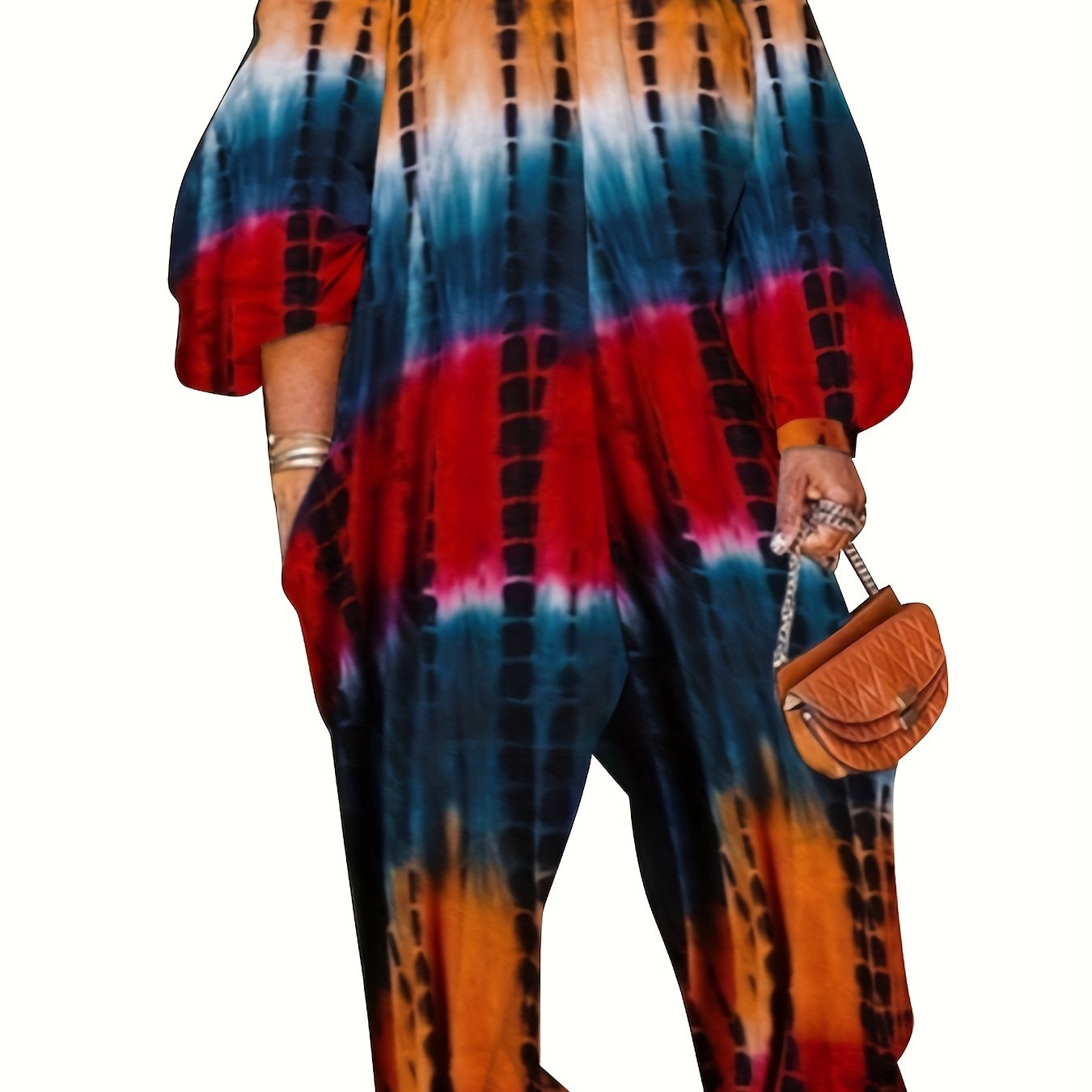  Boho Tie Dye Off Shoulder Lantern Sleeve Jumpsuit