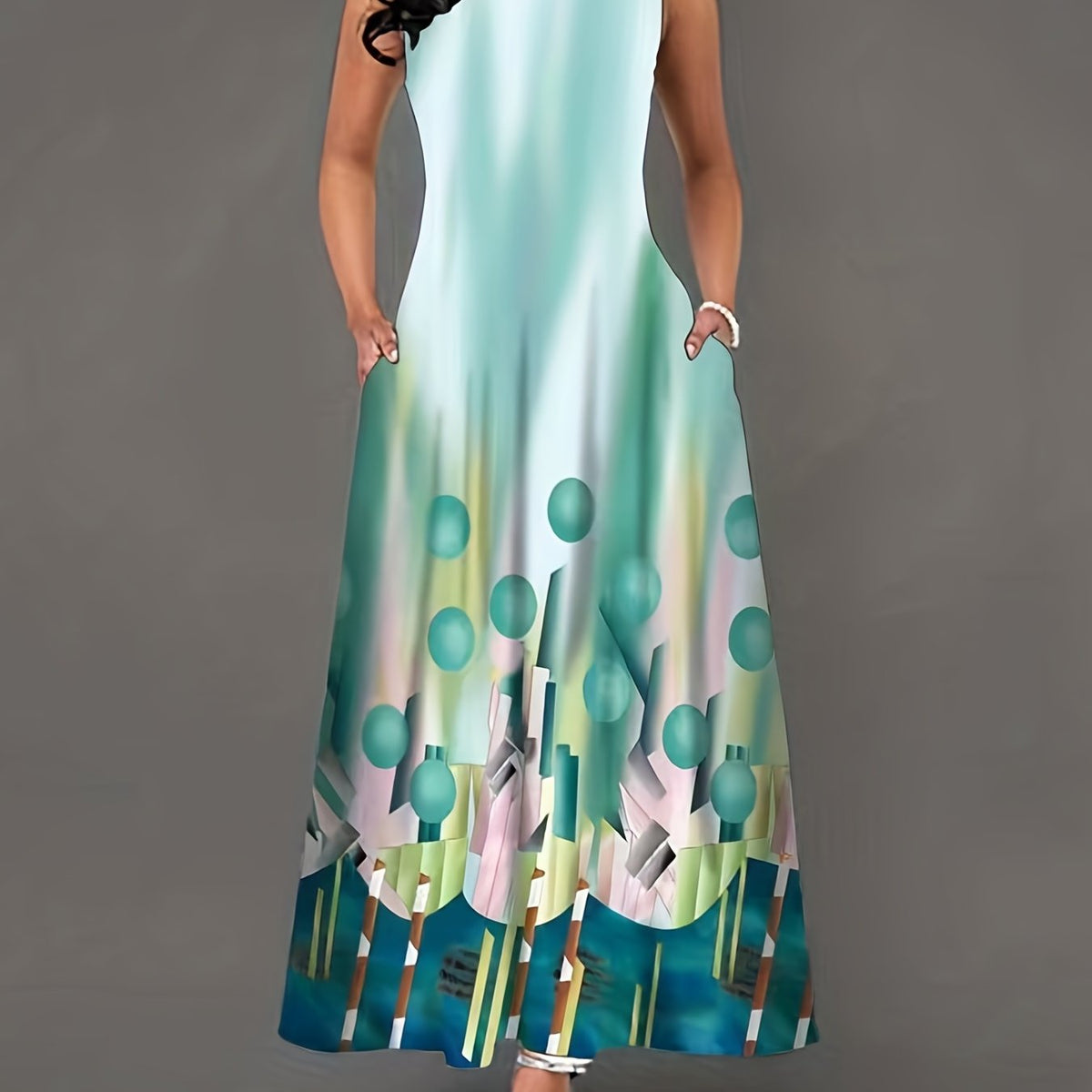  Geometric Print Round Neck Maxi Tank Dress With Pockets
