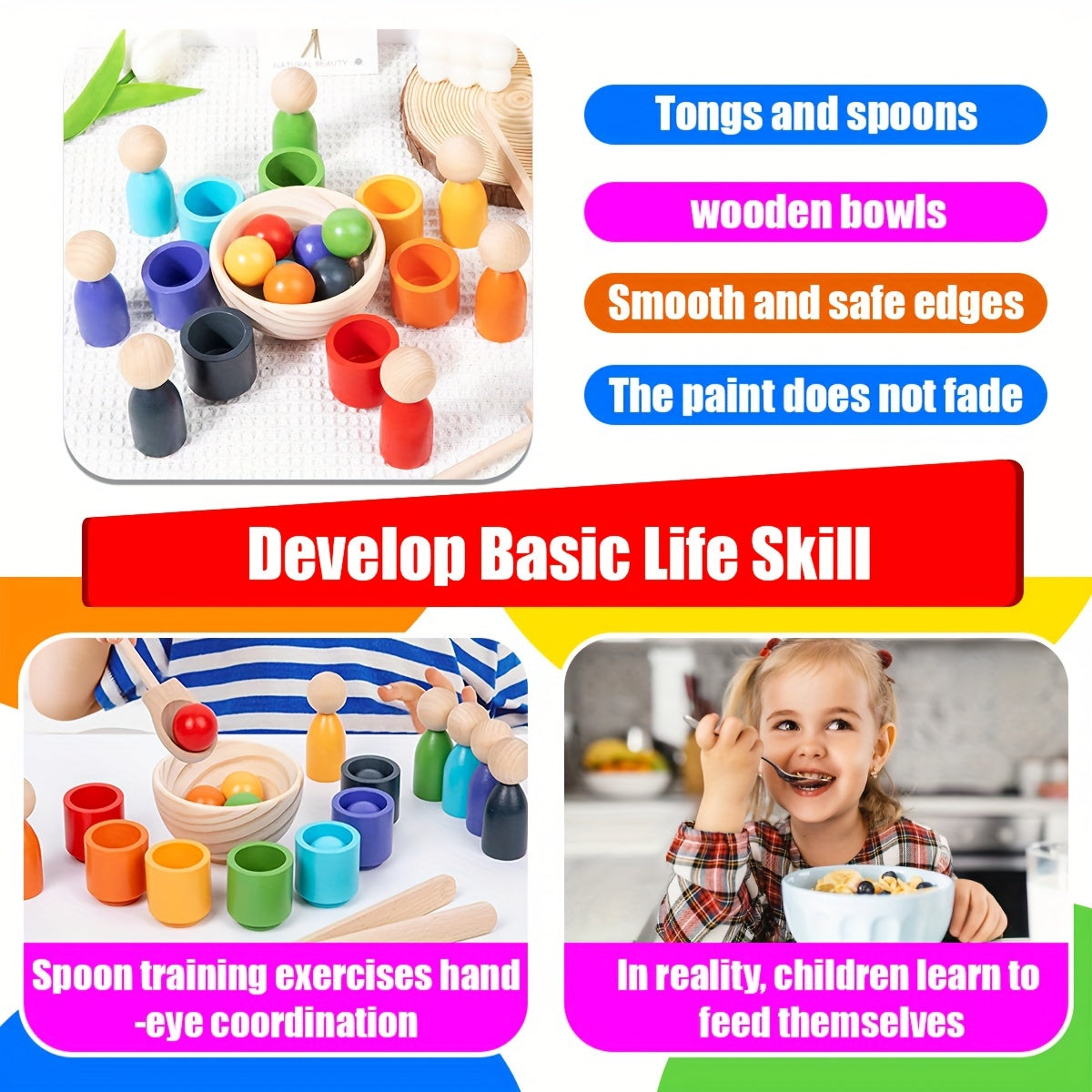 Rainbow Wooden Sorter Toy with Cups Sorting & Fine Motor Skills Development Game