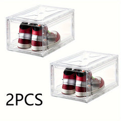 2pcs Transparent Shoe Boxes With Door Stackable Shoe Rack Plastic Organizer