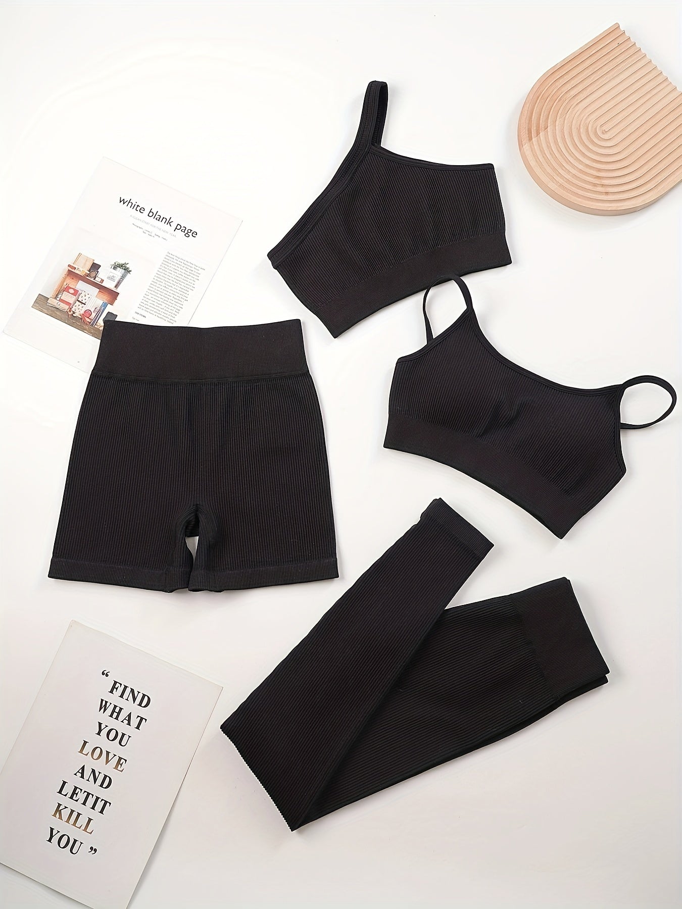4pcs Yoga Sets Cami Sports Top One Shoulder Crop Top High Waist Shorts & Legging