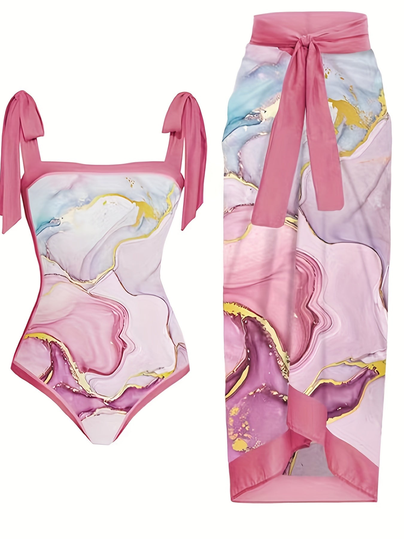 Pink Marble Print Tie Shoulder 2 Piece Swimsuit Set
