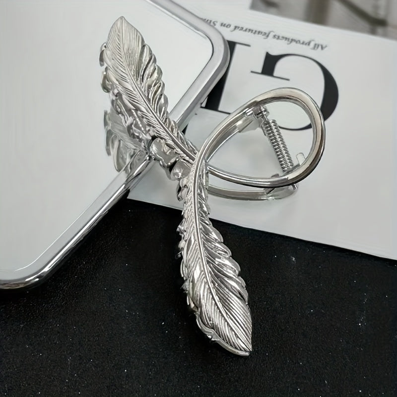 Metal Feather Hair Claw Clip Non Slip Strong Hold Silvery Hair Jaw Clip