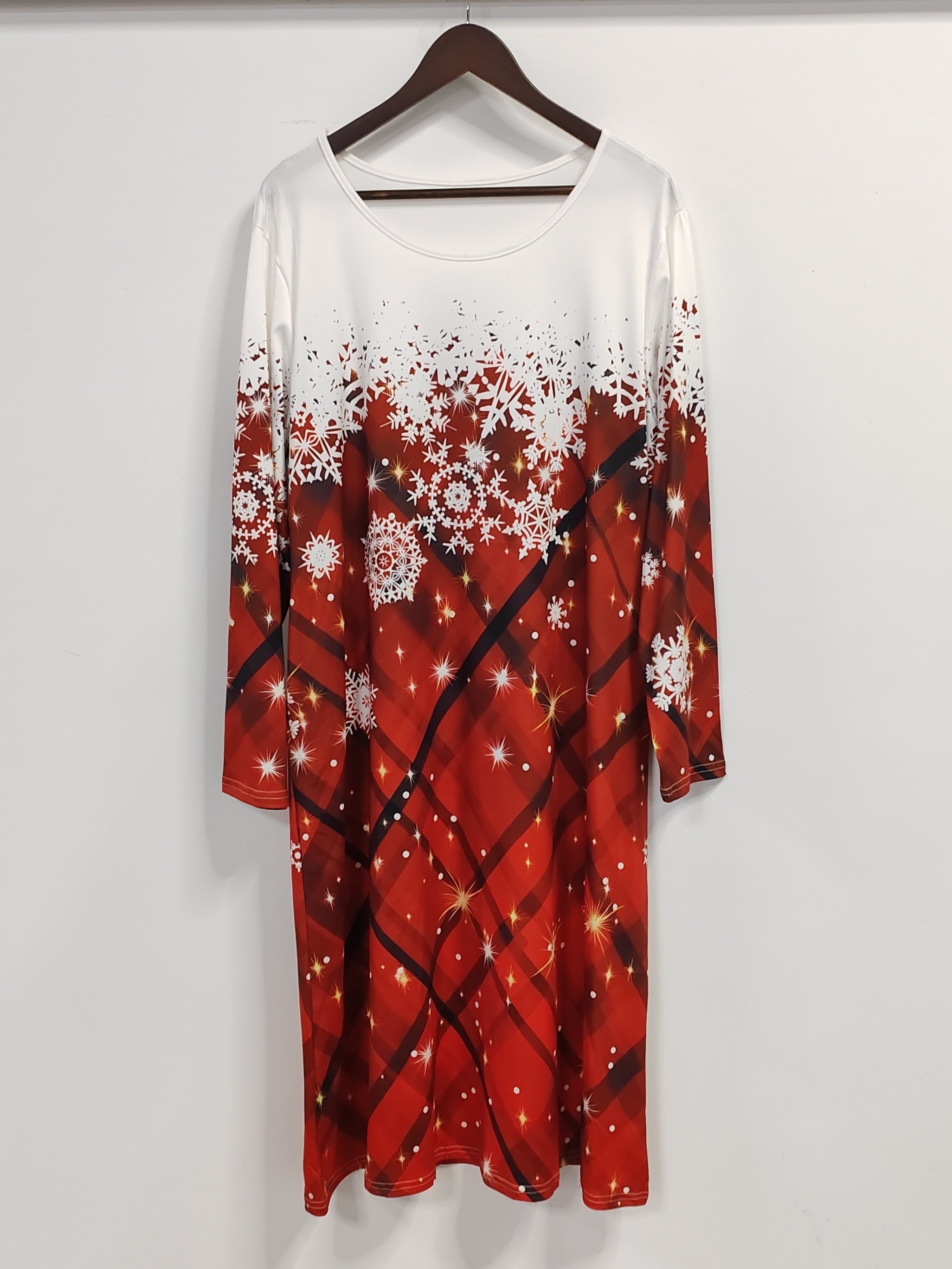 Women's Plus Snowflake & Plaid Long Sleeve Dress with Pockets