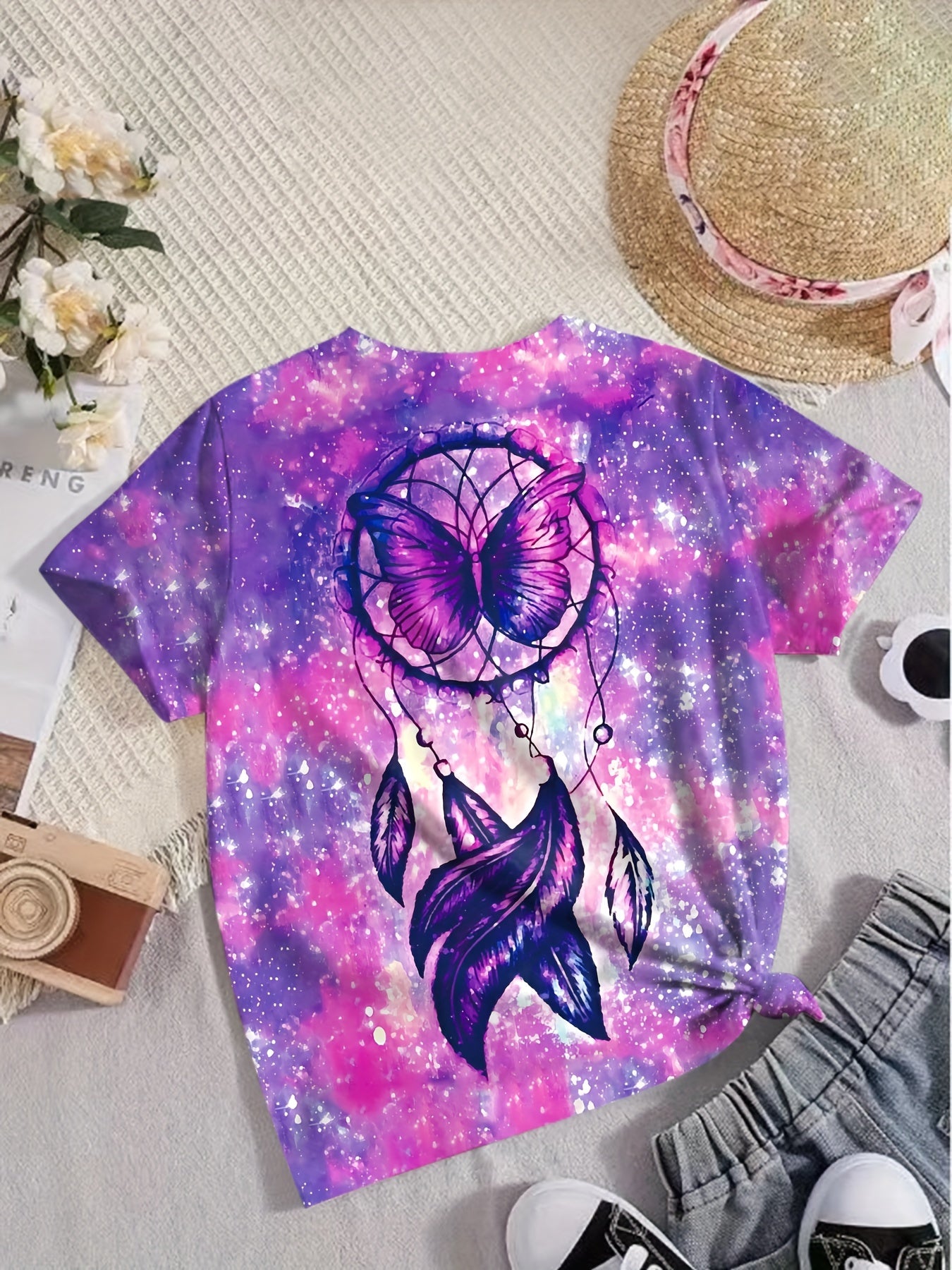 Dreamy Tie Dye Pattern Short Sleeve T shirt Girls Comfy Pullover Summer Clothes
