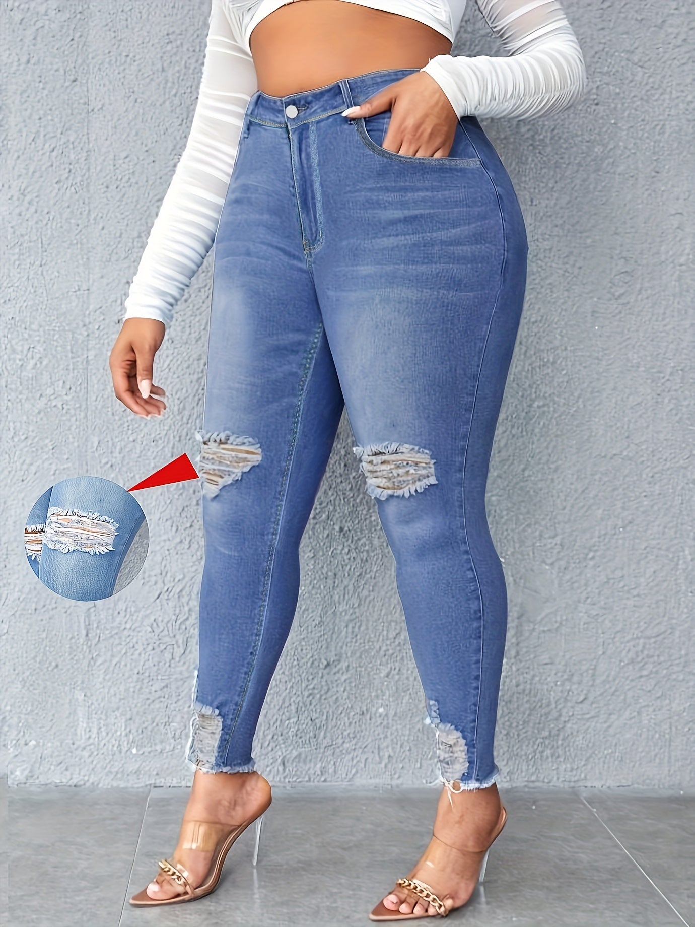  Washed Ripped Fringe Trim Skinny Jeans