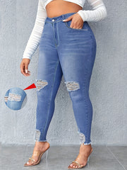  Washed Ripped Fringe Trim Skinny Jeans