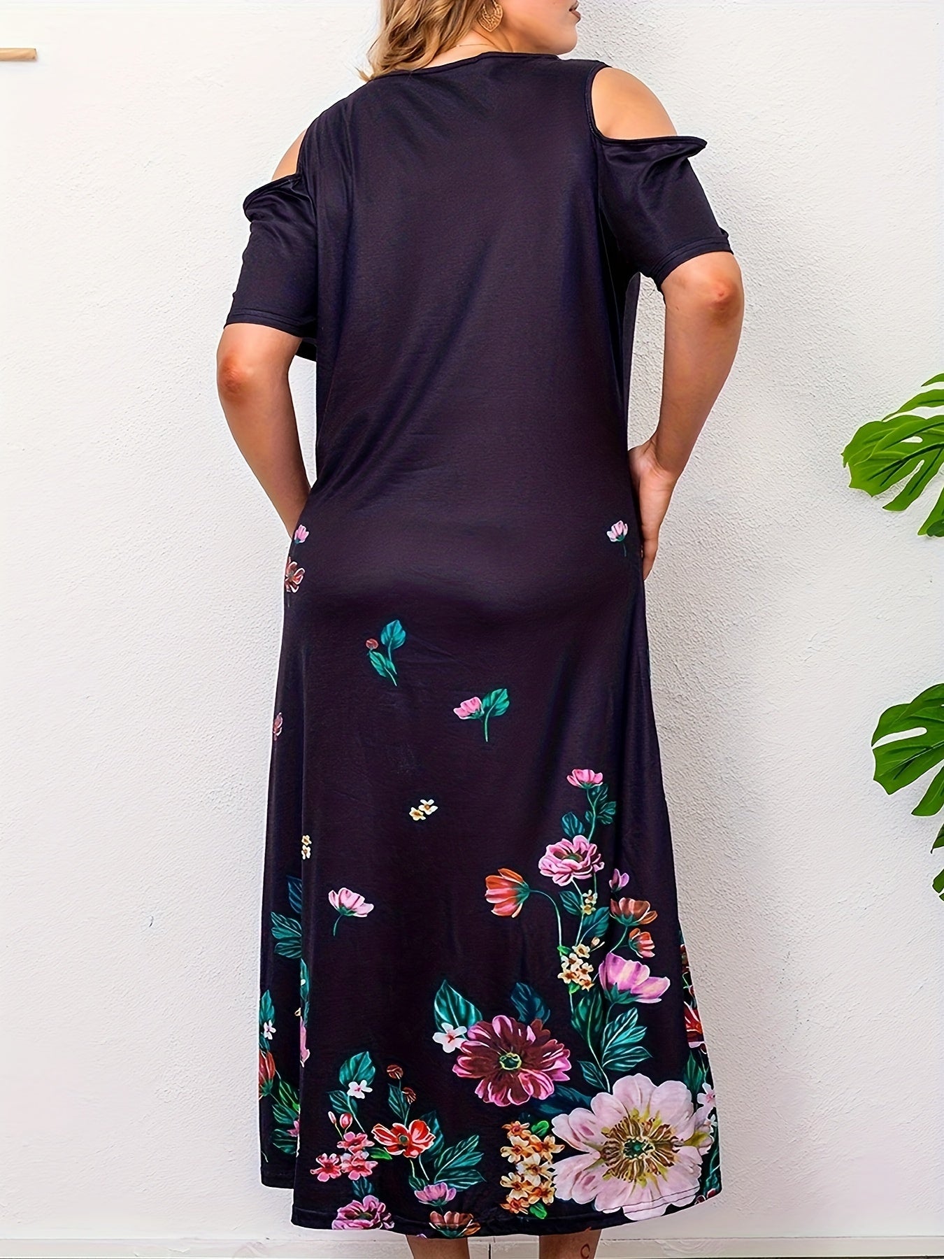  Casual Dress Women's Plus Border Floral Print Cold Shoulder