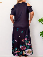  Casual Dress Women's Plus Border Floral Print Cold Shoulder